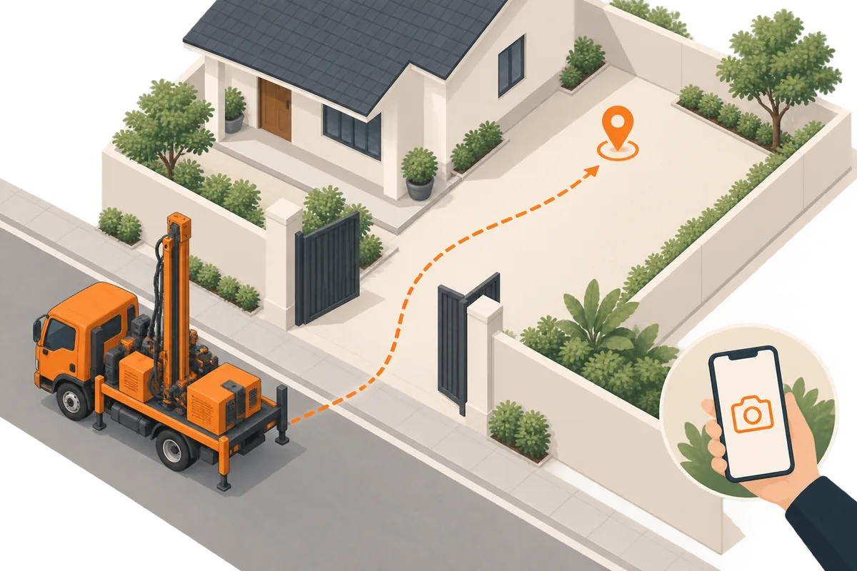 Minh họa đường đưa thiết bị từ ngoài cổng đến khoảng sân dự kiến đặt máy.