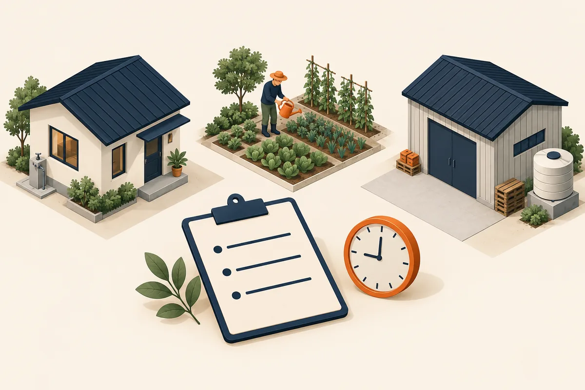 Minh họa ba nhu cầu dùng nước: nhà ở, tưới vườn và cơ sở sản xuất.
