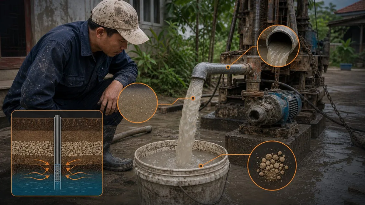 Nước đục, có cát sau bơm xả